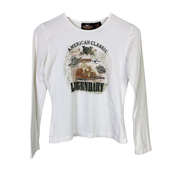 Harley Davidson White Long Sleeve Bedazzled Cotton Blend Logo Edgy Baby Tee - Picture 8 of 11